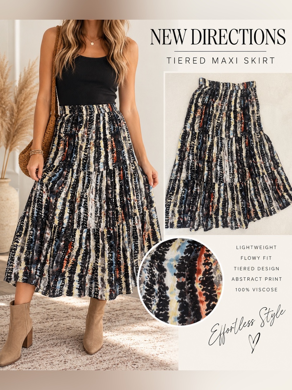 New Directions Tiered Maxi Skirt Abstract Print Boho Flowy Multicolor
